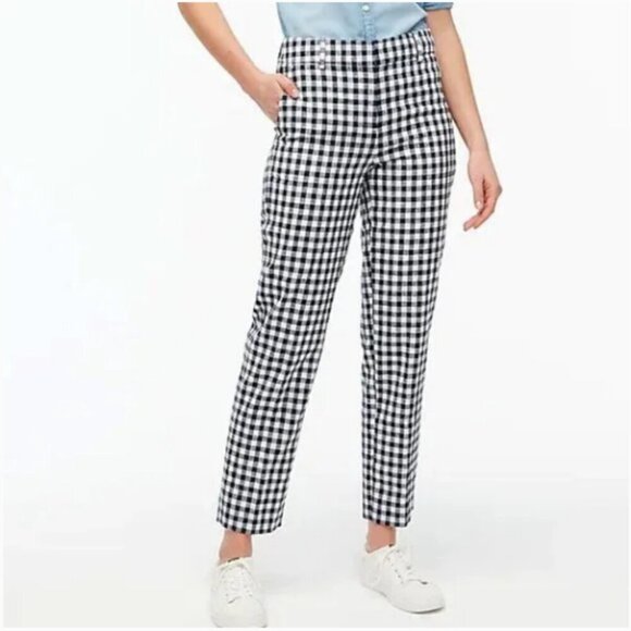 J.CREW Gingham Linen Cotton Holland Pant Check Blue White Ankle Crop 10 Pockets - Picture 1 of 12